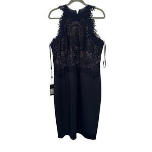 NWT Tadashi Shoji Fornax Lace Neoprene Navy Sleeveless Cocktail Dress, 16